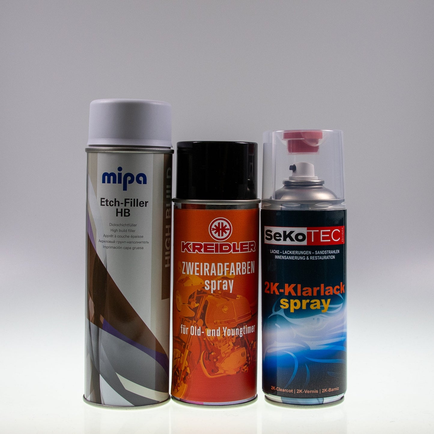 Kreidler-Farben Spraydose mit Plastik-Füller und 2K-Klarlack